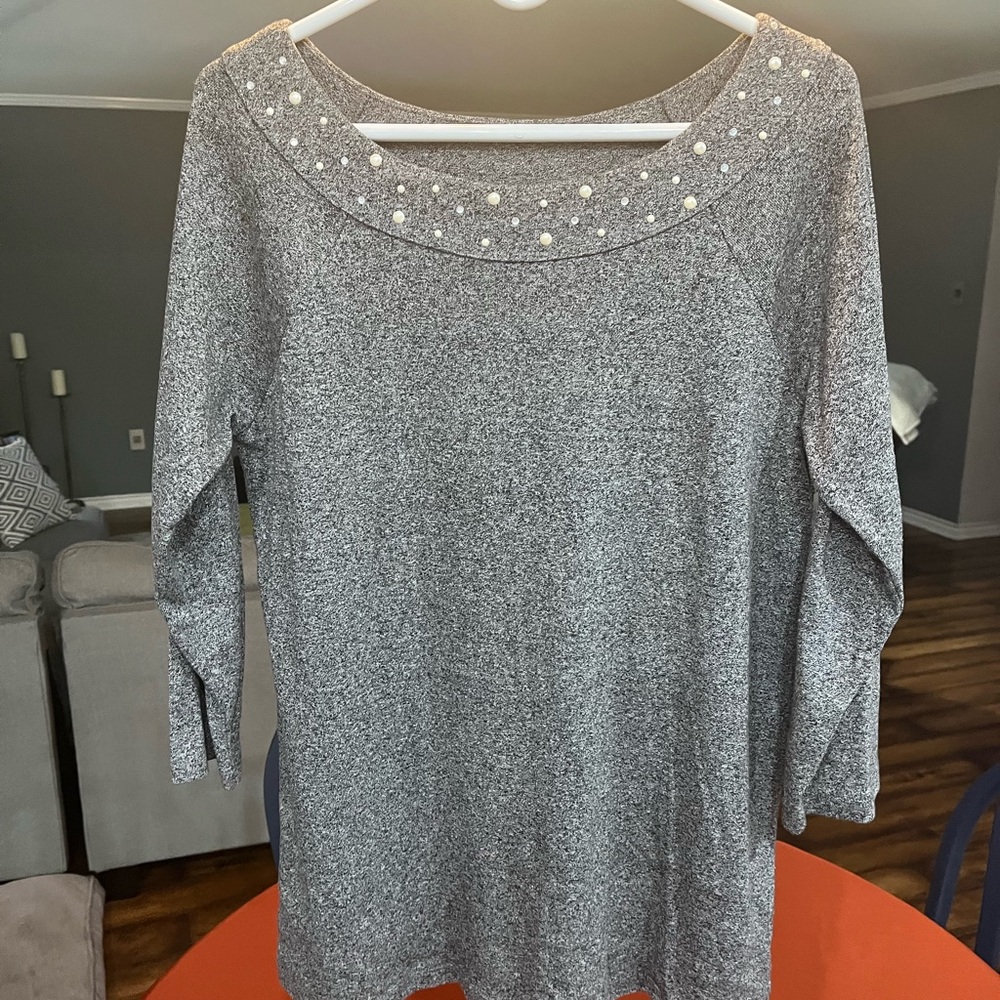 Rafaella Gray Long Sleeve Top with Pearl Accents
